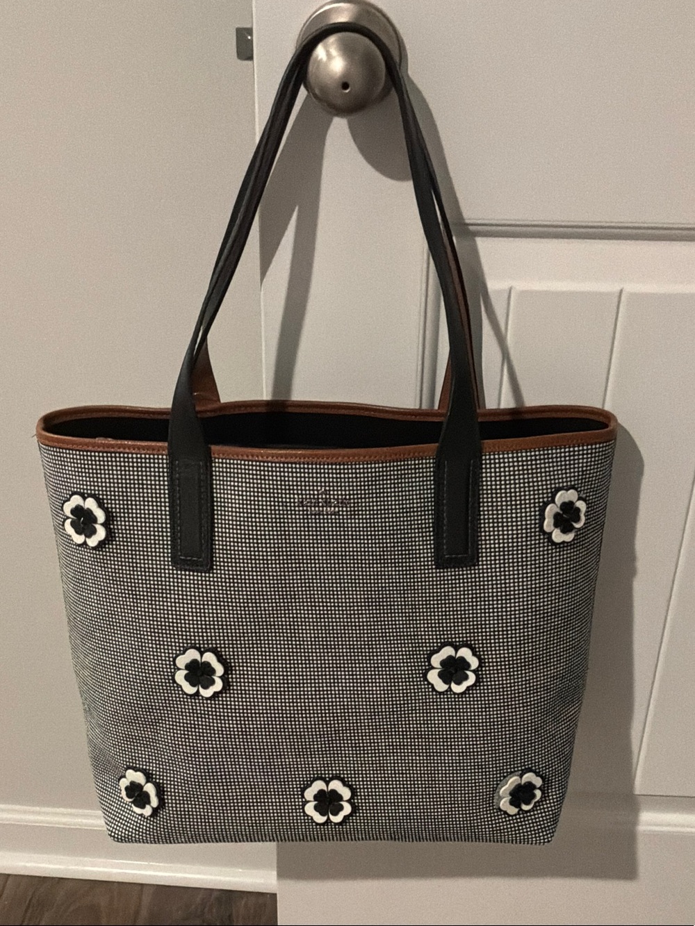 kate spade Black & White Floral Appliqué Tote with Brown Trim